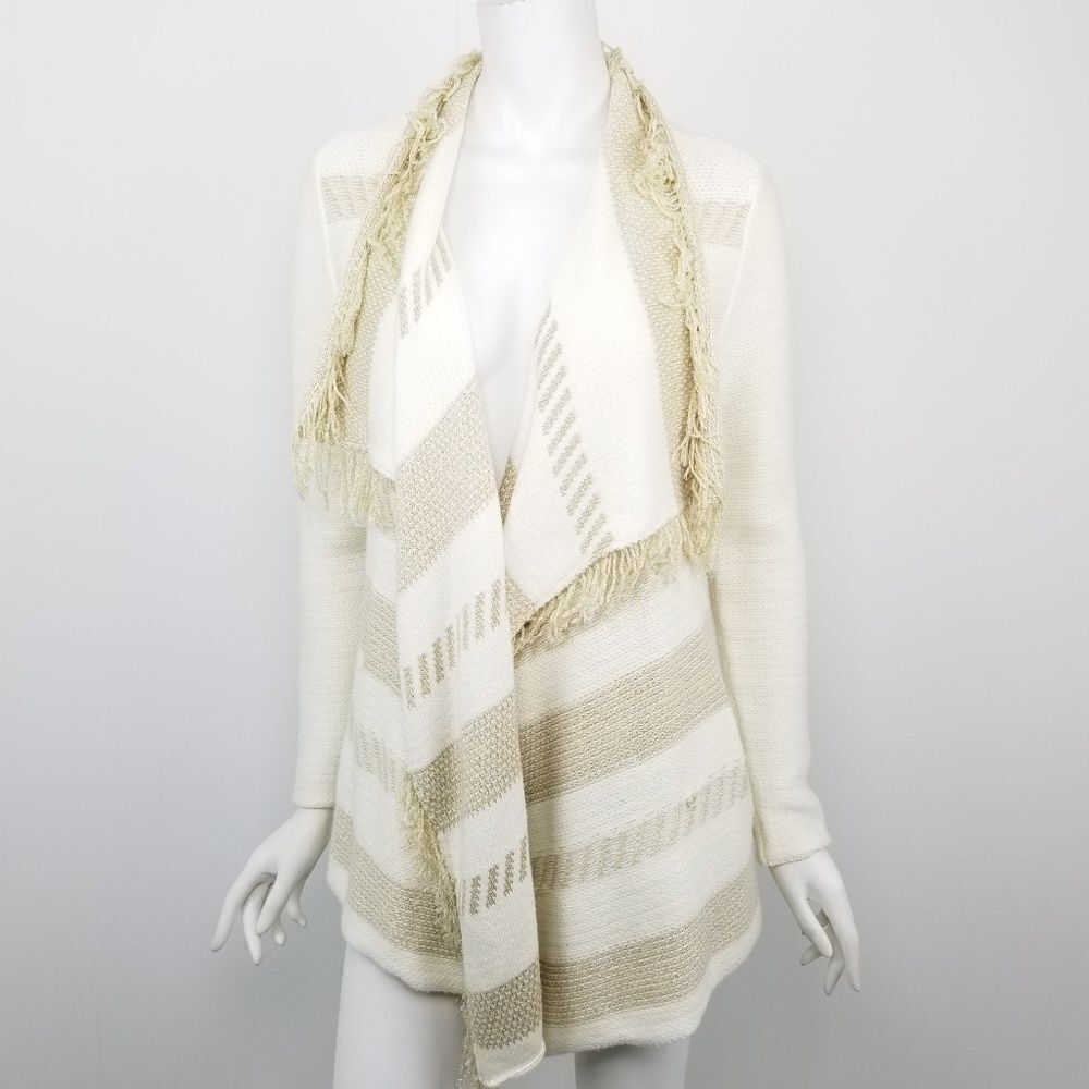 Ella Moss Gold Shimmer Striped Fringe Cardigan XS